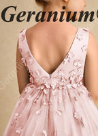Geranium 3D Floral Applique Flower Girl Dress - Dusty Pink Tulle Princess Gown for Weddings & Birthdays KD-210