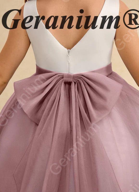Geranium Elegant Two-Tone Flower Girl Dress: White Satin Sleeveless Bodice with Dusty Mauve Tiered Tulle Skirt & Detachable Oversized Bow KD-240
