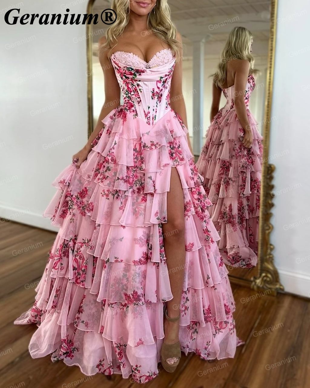 GERANIUM Strapless Floral Corset Tiered Ruffle Prom Dress GER693P