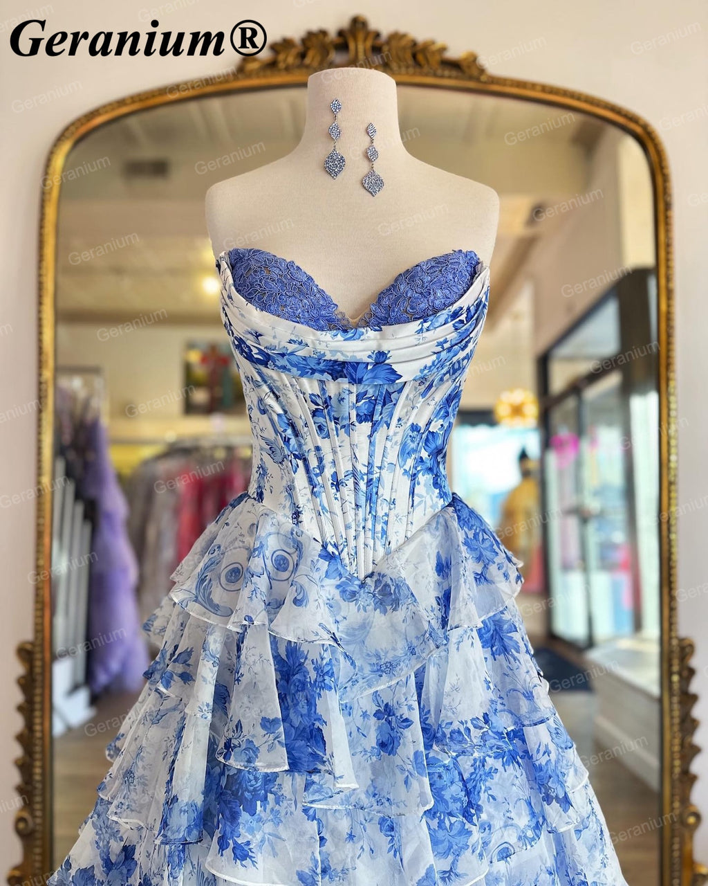 Geranium Blue Floral Strapless Corset Ball Gown – GER686P