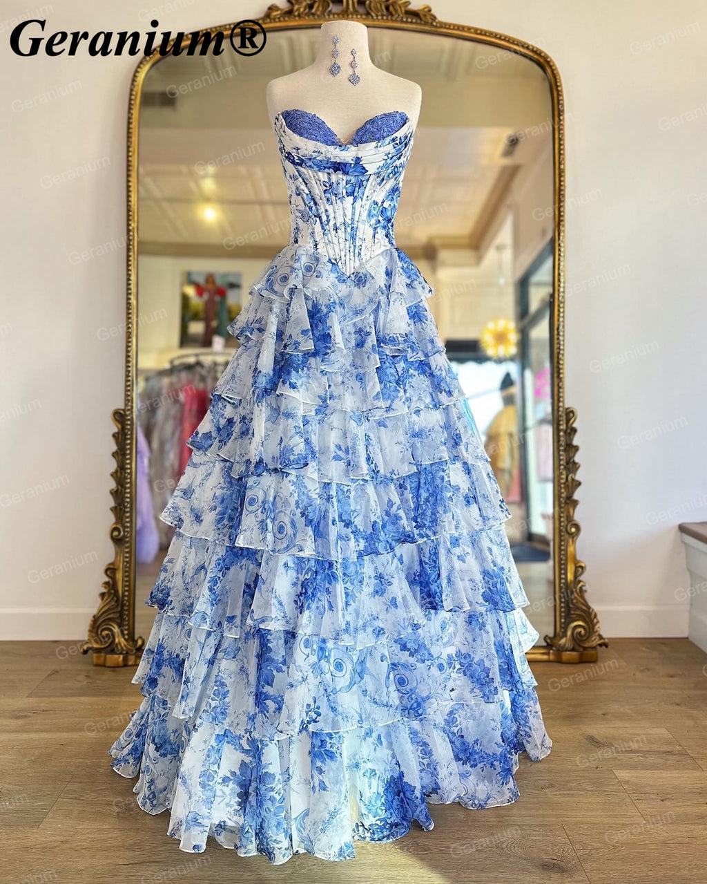 Geranium Blue Floral Strapless Corset Ball Gown – GER686P