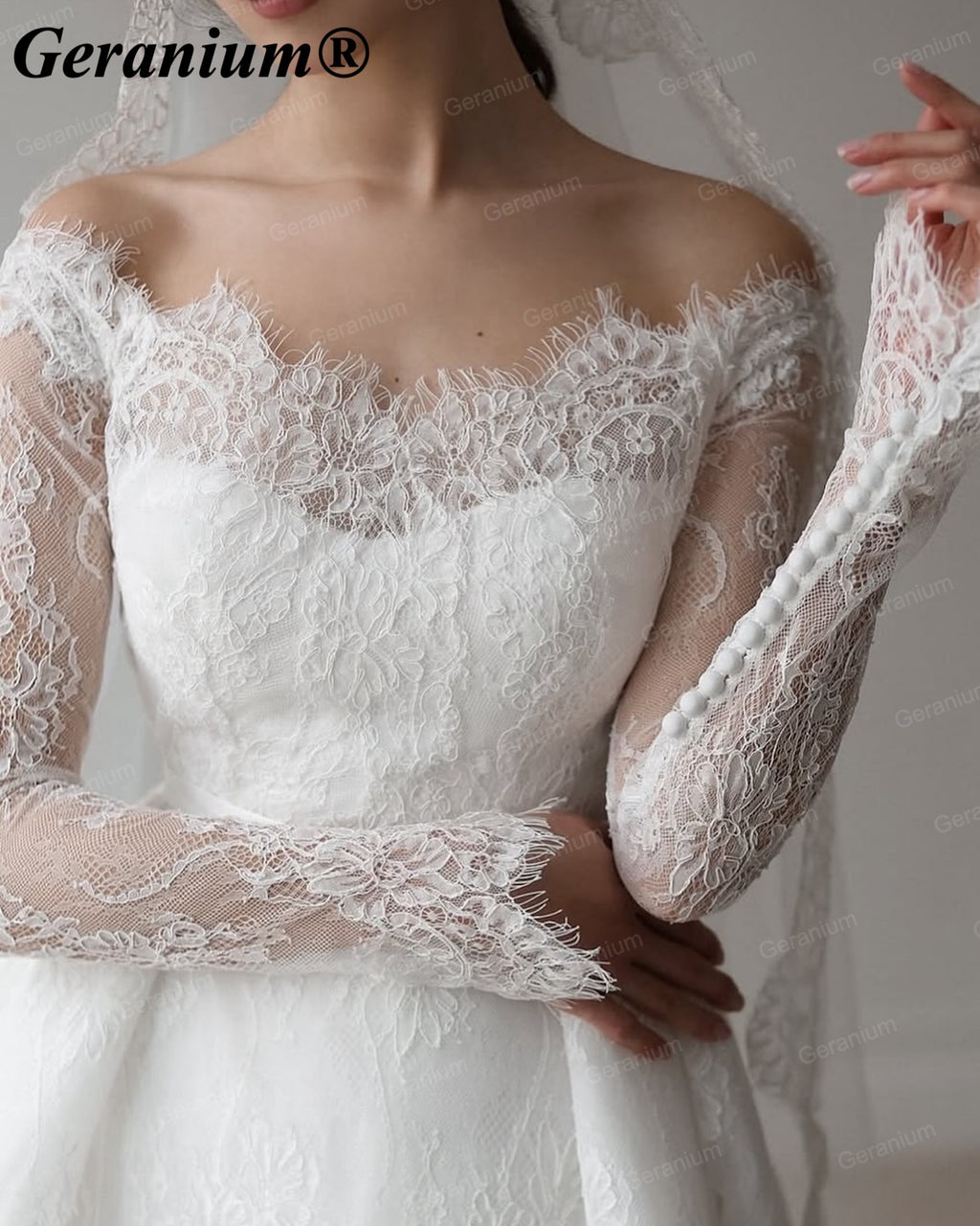 Geranium Off-the-Shoulder Long Sleeve Lace A-Line Wedding Dress – GER2