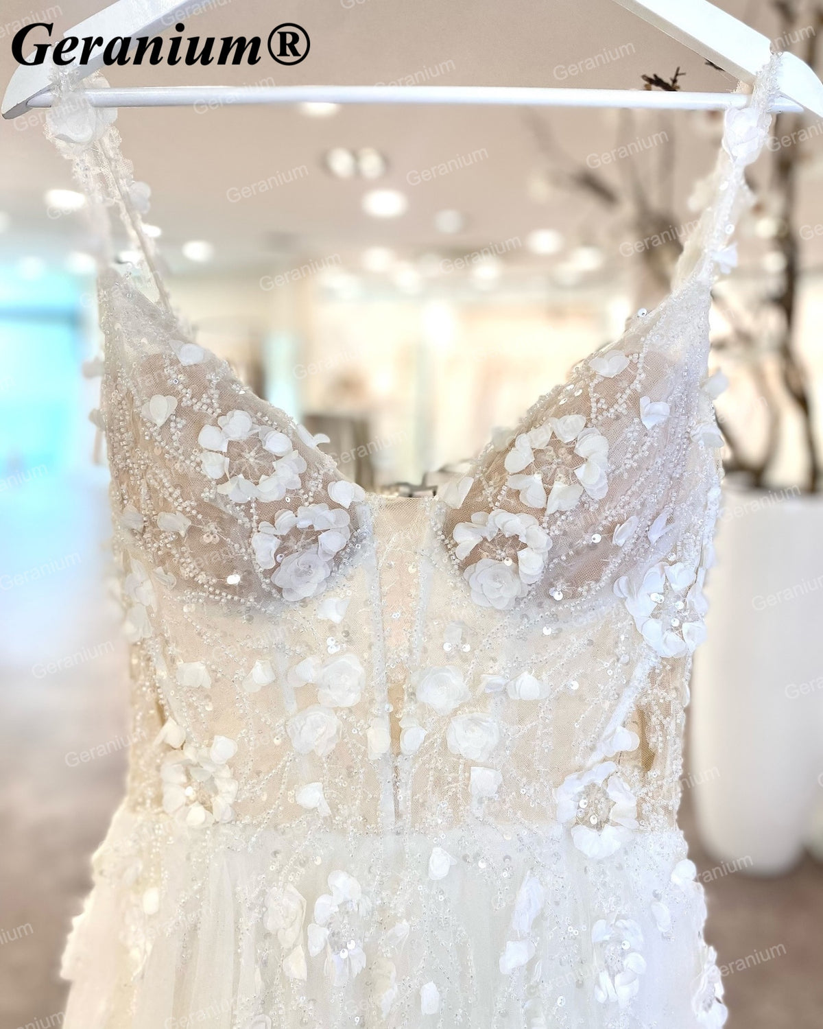 Geranium 3D Floral Plunging V-Neck A-Line Wedding Dress – GER33