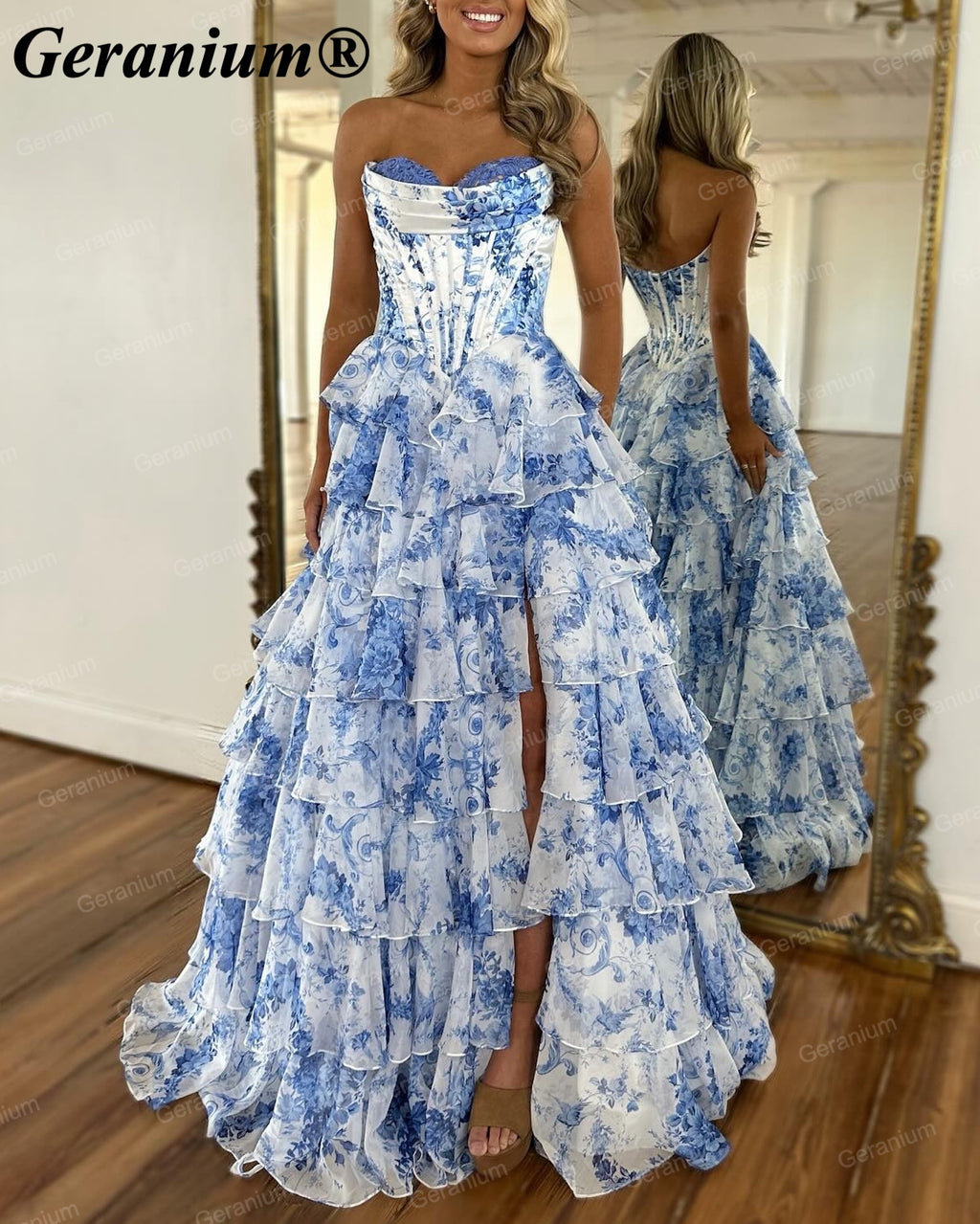 Geranium Blue Floral Strapless Corset Ball Gown – GER686P