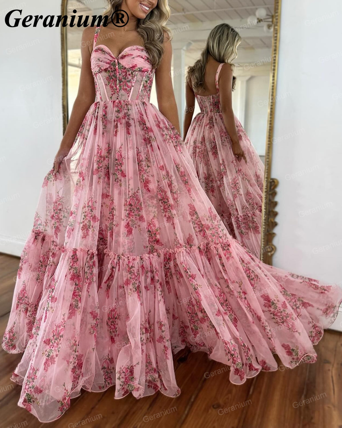 GERANIUM Floral Corset Sweetheart A-Line Prom Dress GER694P