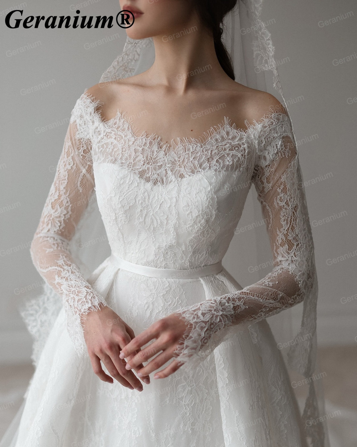 Geranium Off-the-Shoulder Long Sleeve Lace A-Line Wedding Dress – GER2