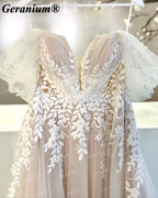 Geranium Plunging V-Neck Lace A-Line Wedding Dress with Puff Sleeves – GER32