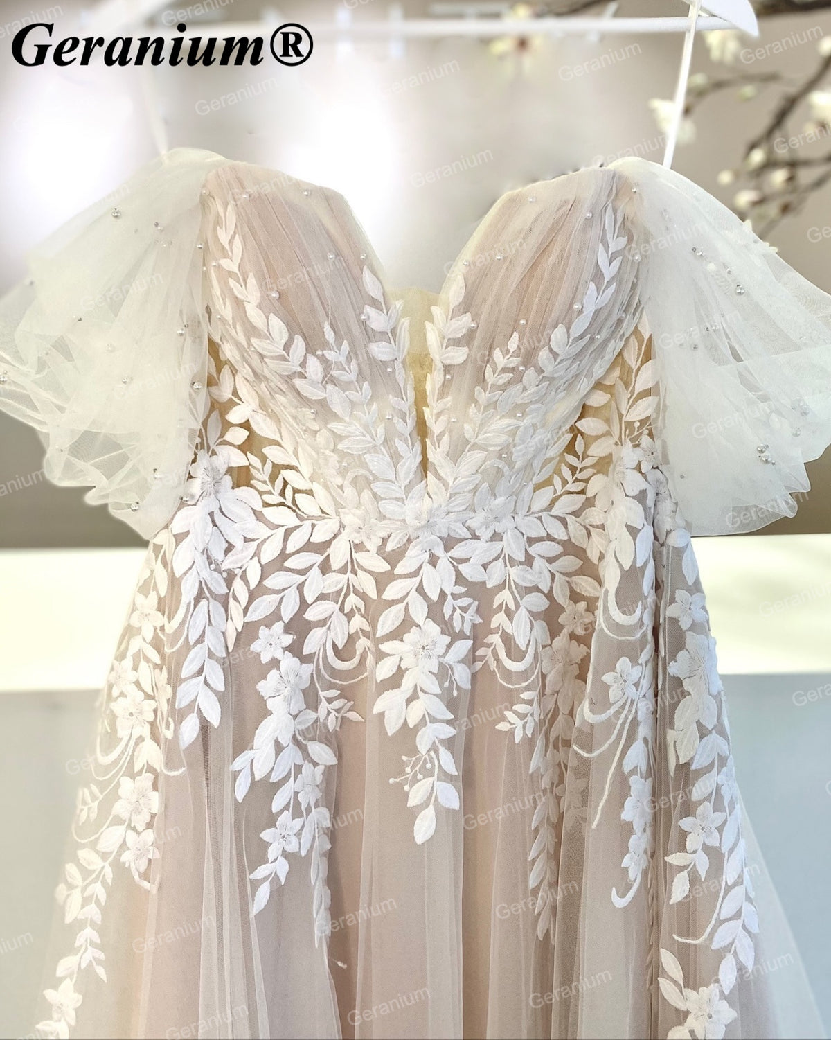 Geranium Plunging V-Neck Lace A-Line Wedding Dress with Puff Sleeves – GER32
