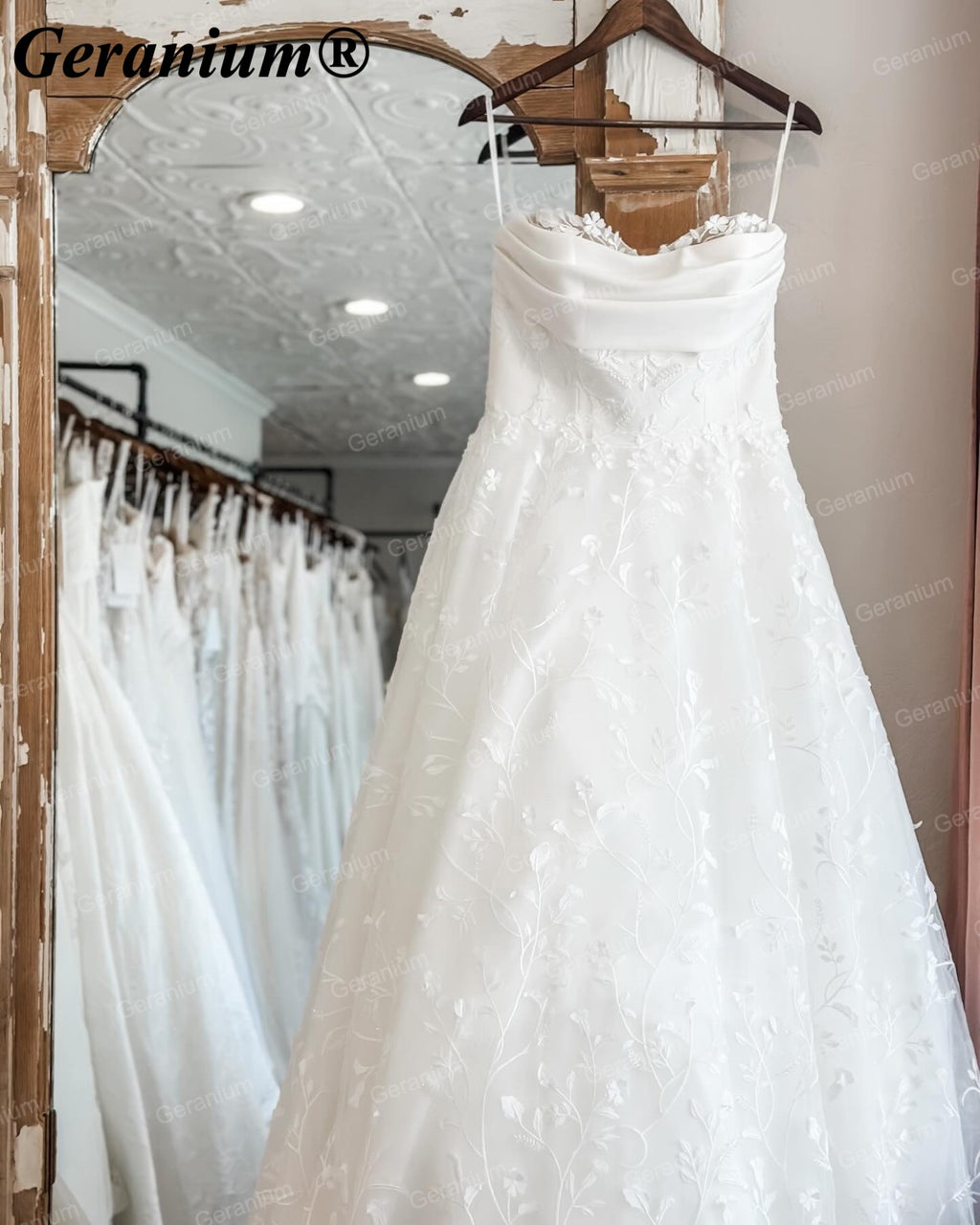 Geranium Strapless Floral Lace A-Line Wedding Dress with Chapel Train – GER34