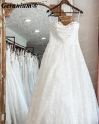 Geranium Strapless Floral Lace A-Line Wedding Dress with Chapel Train – GER34