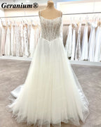 Geranium Pearl Beaded Corset Ball Gown Wedding Dress with Spaghetti Straps – GER102