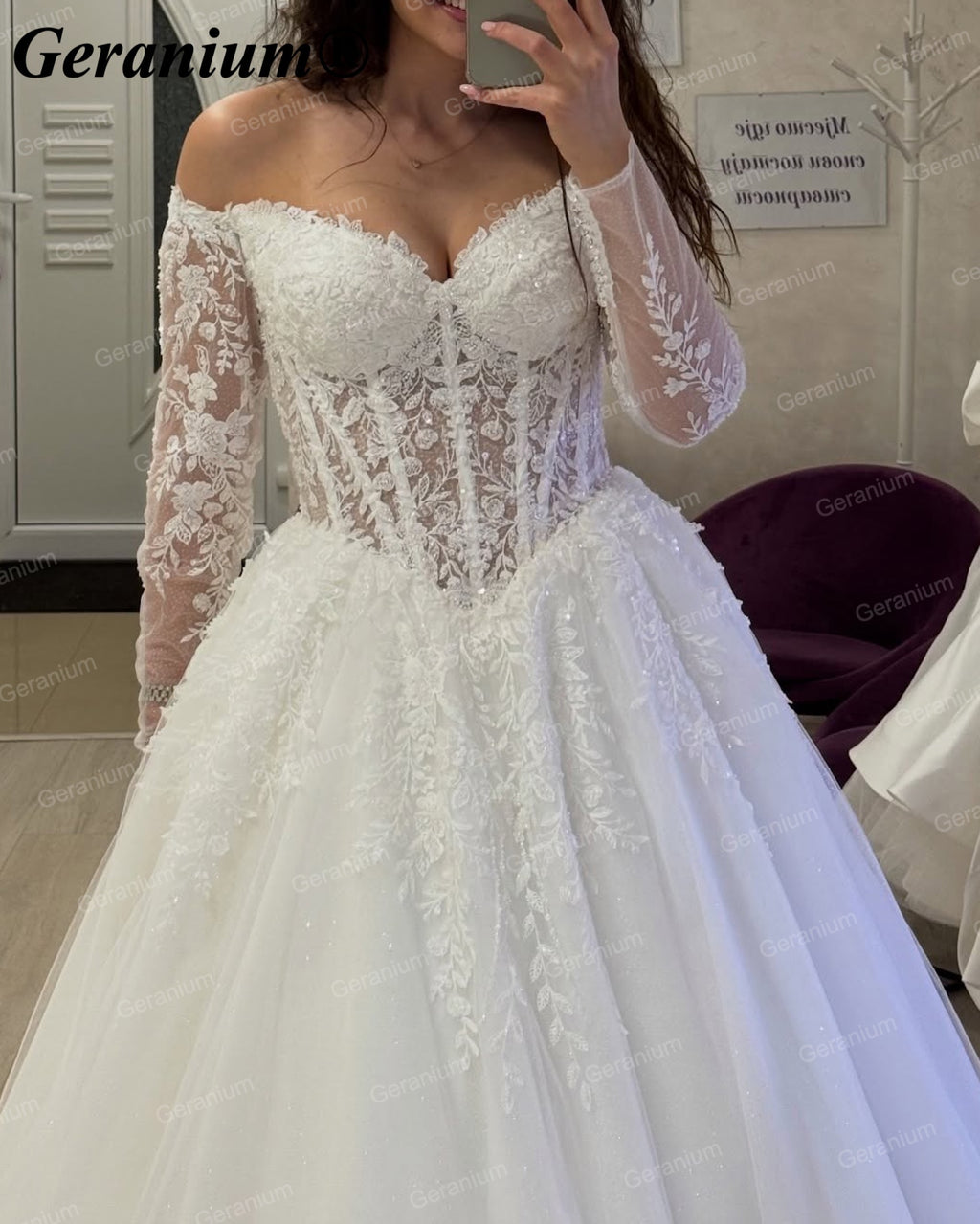 Geranium Off-the-Shoulder Lace Long Sleeve Ball Gown Wedding Dress – GER45