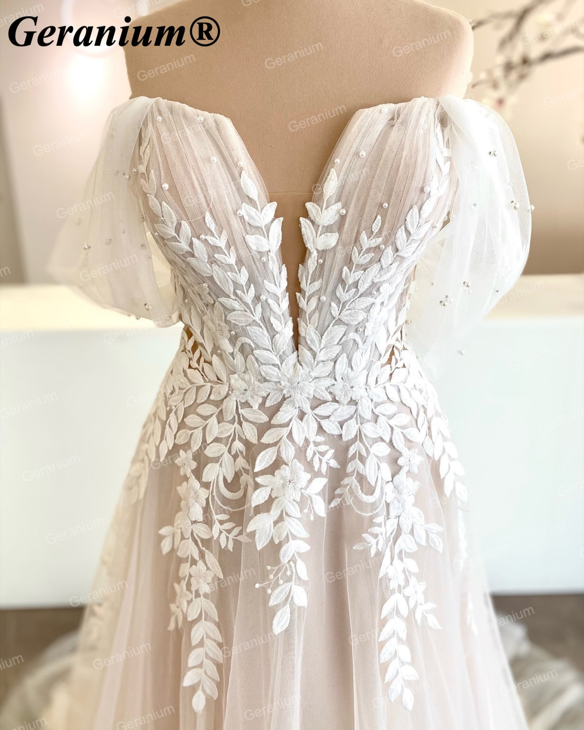 Geranium Plunging V-Neck Lace A-Line Wedding Dress with Puff Sleeves – GER32