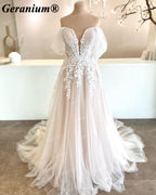 Geranium Plunging V-Neck Lace A-Line Wedding Dress with Puff Sleeves – GER32
