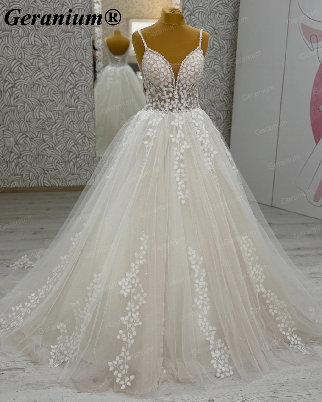 Geranium Plunging V-Neck Lace Ball Gown Wedding Dress – GER9