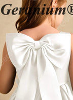 Geranium Elegant Big Bow Flower Girl Dress - Pure White Satin A-Line Princess Gown for Weddings & Birthdays KD-230