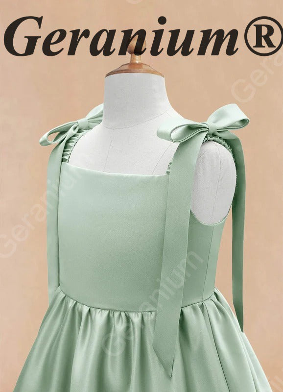 Gearanium Girls Sage Green Satin Flower Girl Dress - Tie-Shoulder A-Line Party Gown KD-288