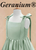 Gearanium Girls Sage Green Satin Flower Girl Dress - Tie-Shoulder A-Line Party Gown KD-288