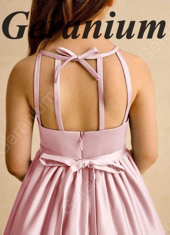 Geranium Elegant Pink Satin Flower Girl Dress - Halter Neck A-Line Junior Bridesmaid Gown with Open Back Bow KD-264