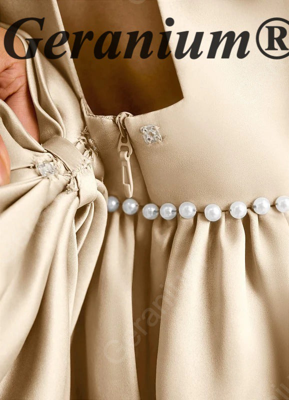 Geranium Elegant Champagne Satin Flower Girl Dress - Backless A-Line Princess Gown with Detachable Bow KD-302