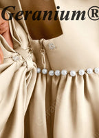 Geranium Elegant Champagne Satin Flower Girl Dress - Backless A-Line Princess Gown with Detachable Bow KD-302