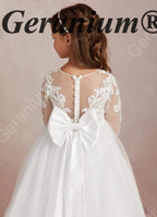 Geranium Elegant Lace Long Sleeve Flower Girl Dress with Oversized Back Bow & Tulle Train KD-208
