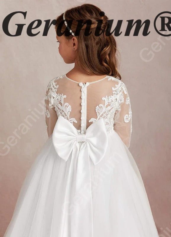 Geranium Elegant Lace Long Sleeve Flower Girl Dress with Oversized Back Bow & Tulle Train KD-208