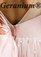 Geranium Girls Pink Pearl Tulle Princess Dress - Backless Party Gown with Oversized Bow & Puff Sleeves KD-293