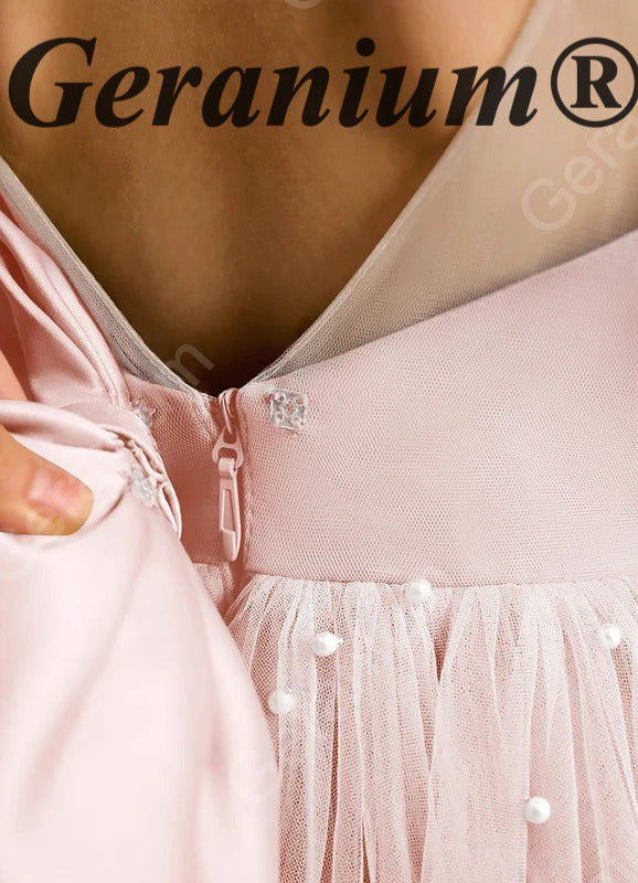 Geranium Girls Pink Pearl Tulle Princess Dress - Backless Party Gown with Oversized Bow & Puff Sleeves KD-293