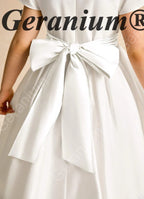 Geranium Elegant White Satin A-Line Flower Girl Dress - Peter Pan Collar Short Sleeve Party Gown with Oversized Back Bow KD-203