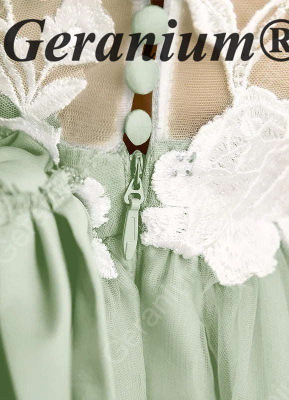Garanium Sage Green Floral Embroidery Tulle Flower Girl Dress KD-201