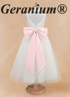 Geranium Elegant V-Neck Tulle Flower Girl Dress with Oversized Satin Back Bow & Pink Sash KD-303