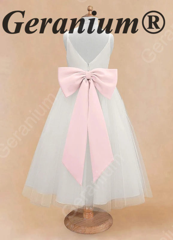 Geranium Elegant V-Neck Tulle Flower Girl Dress with Oversized Satin Back Bow & Pink Sash KD-303
