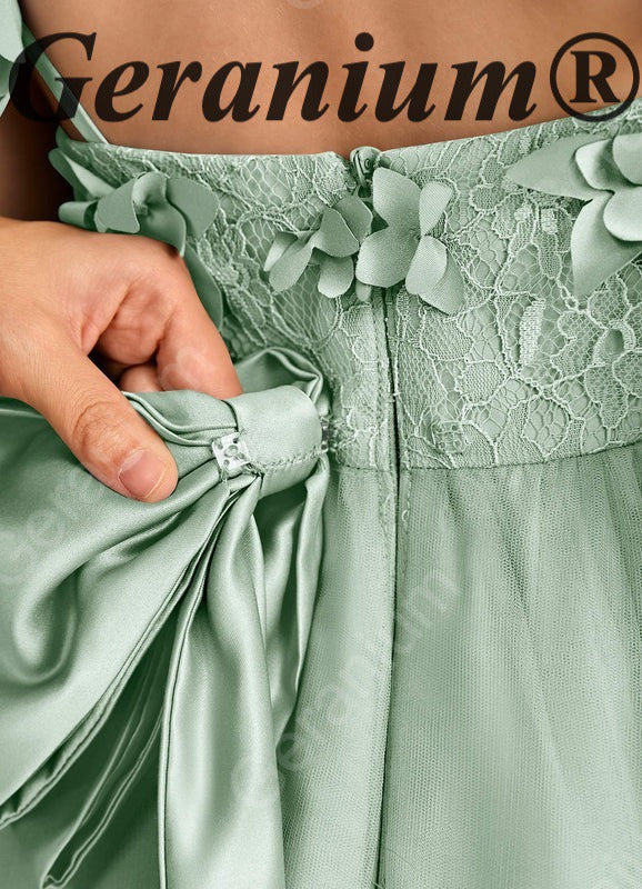 Geranium Sage Green 3D Floral Applique Flower Girl Dress - High-Low Tulle Skirt with Detachable Bow KD-269