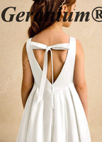 Geranium Elegant Minimalist Satin Flower Girl Dress: Open V-Back with Bow & Pleated A-Line Skirt KD-197