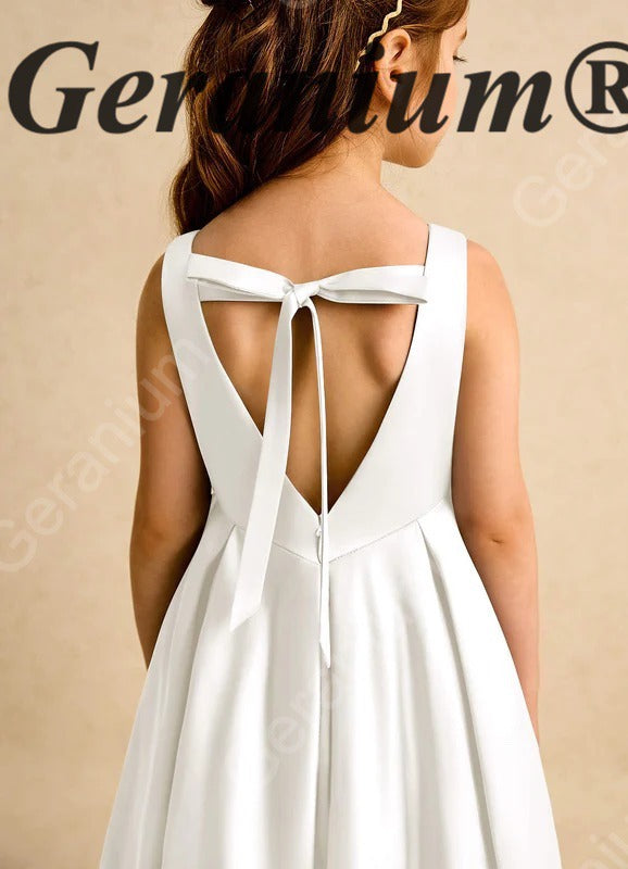 Geranium Elegant Minimalist Satin Flower Girl Dress: Open V-Back with Bow & Pleated A-Line Skirt KD-197