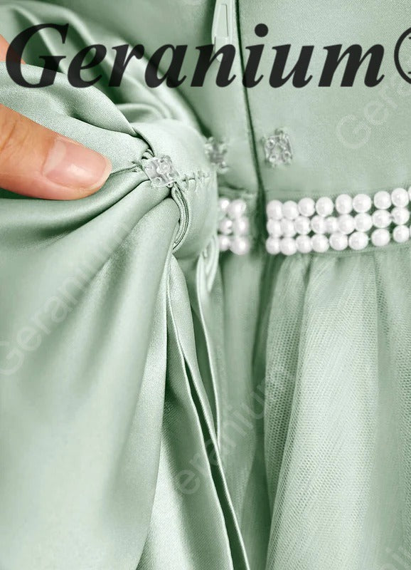 Geranium Elegant Sage Green Flower Girl Dress with Oversized Back Bow and Pearl Waistband KD-232