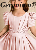 Geranium Elegant Puff Sleeve Satin Flower Girl Dress with Back Bow - Pink Formal Party Gown for Kids KD-254