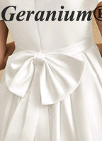 Geranium Elegant Pearl Beaded Neckline Satin Flower Girl Dress with Puff Sleeves & Back Bow KD-223