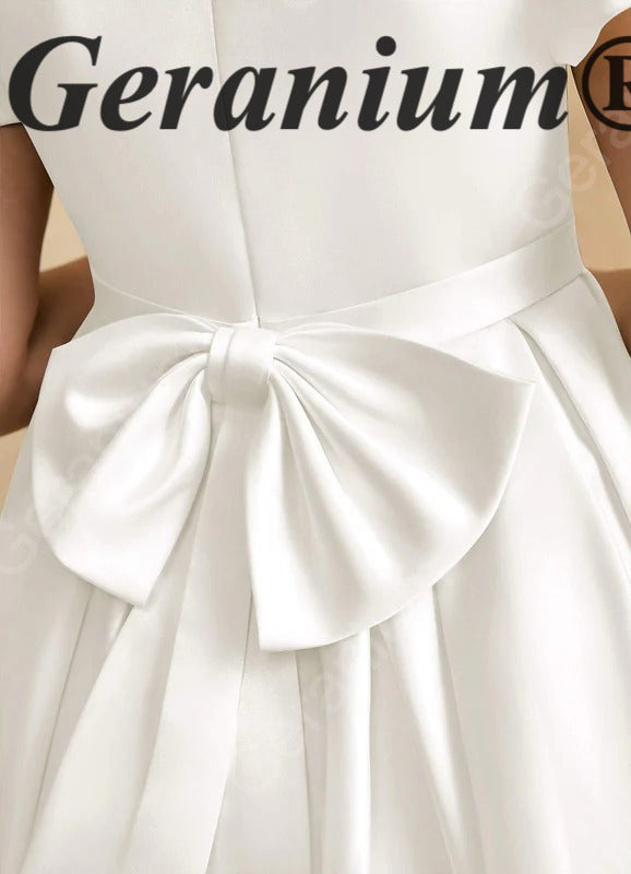 Geranium Elegant Pearl Beaded Neckline Satin Flower Girl Dress with Puff Sleeves & Back Bow KD-223