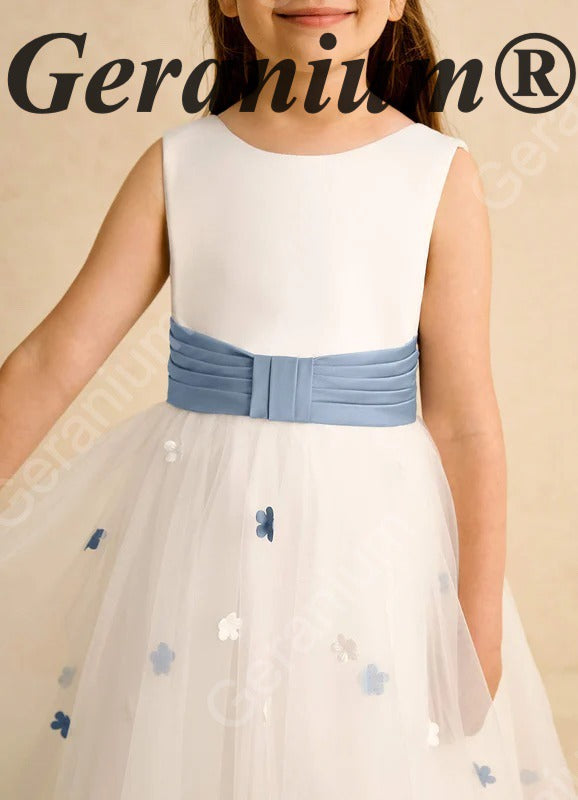 Geranium Elegant White Tulle Flower Girl Dress with Light Blue Ruched Sash and 3D Floral Appliques KD-265