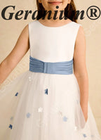 Geranium Elegant White Tulle Flower Girl Dress with Light Blue Ruched Sash and 3D Floral Appliques KD-265