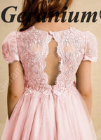 Geranium Elegant Lace Applique Tulle Flower Girl Dress - Scalloped Open Back Floor Length Ball Gown for Weddings & Special Occasions KD-212