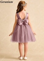 Geranium Dusty Rose Flower Girl Dress Tulle Bow Back Kids Party Dress Wedding Birthday Dress for Girls KD-10