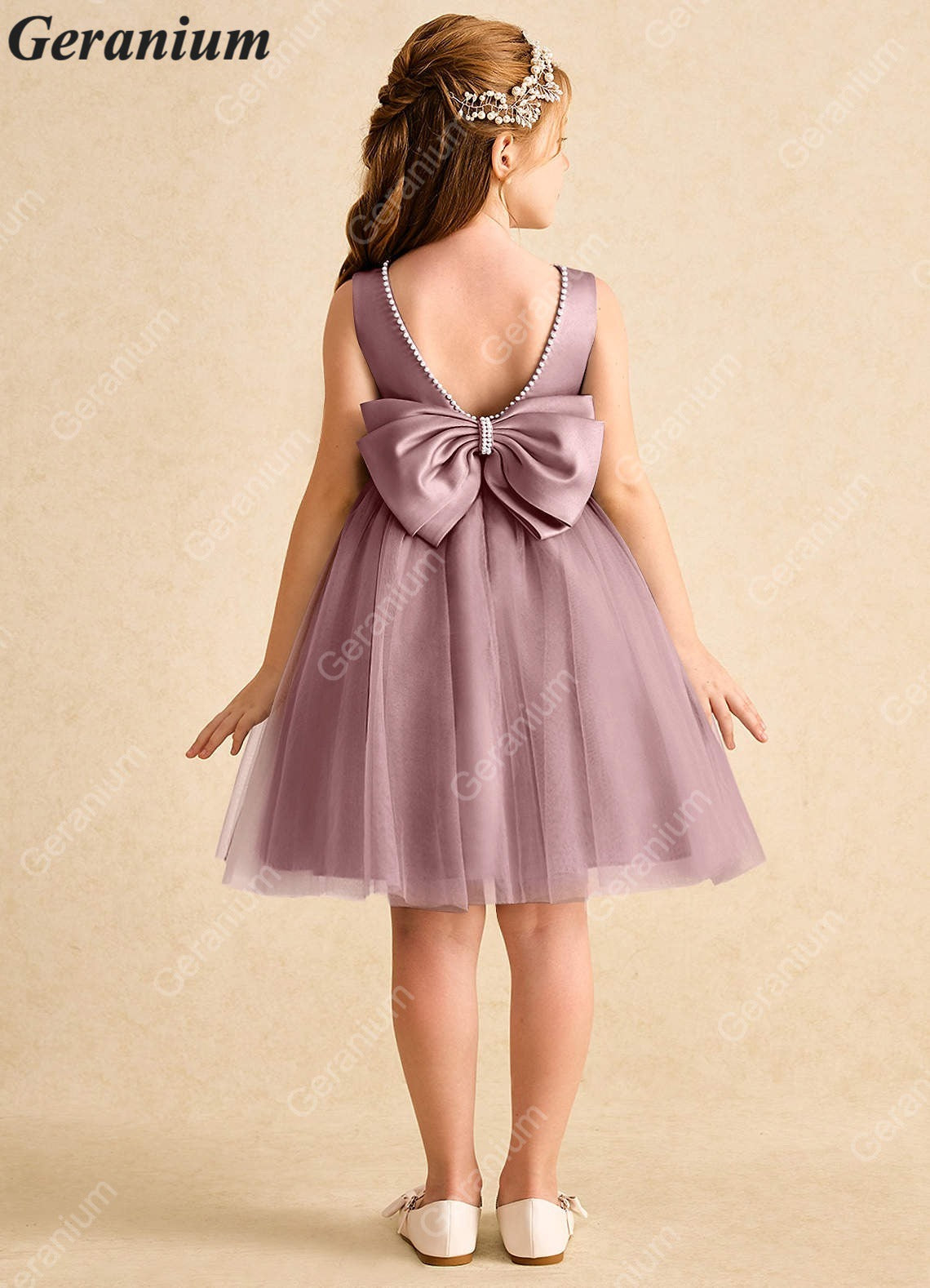 Geranium Dusty Rose Flower Girl Dress Tulle Bow Back Kids Party Dress Wedding Birthday Dress for Girls KD-10