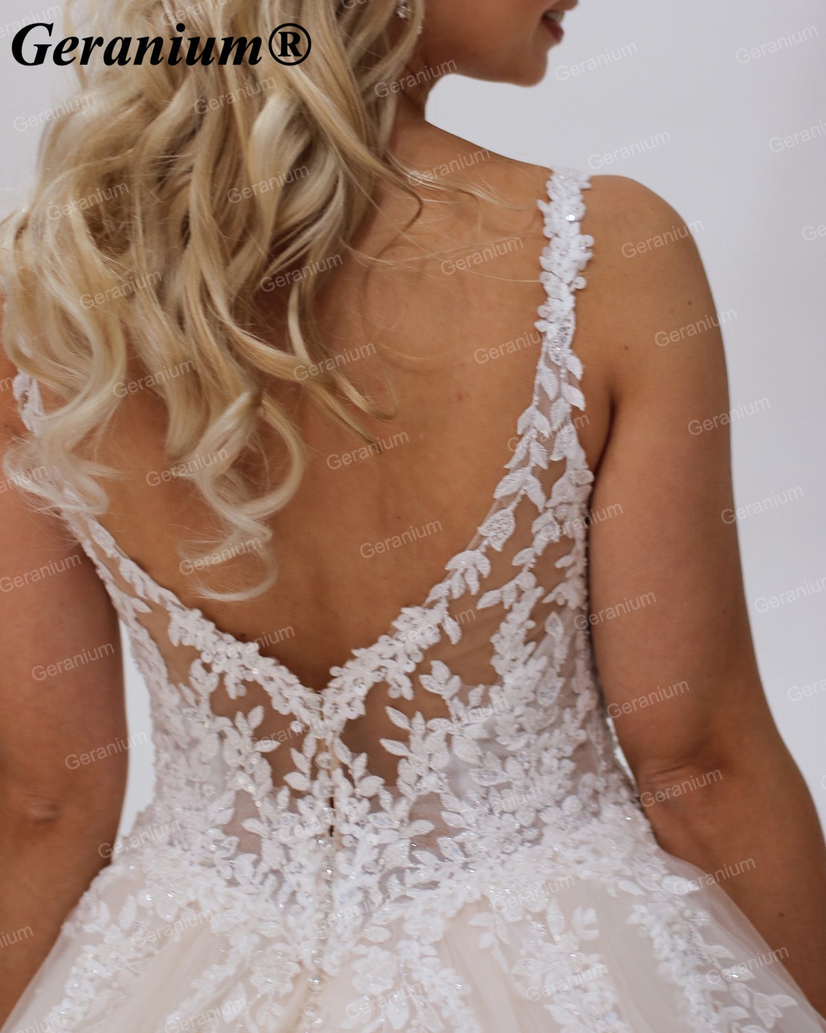 Geranium Plunging V-Neck Lace Ball Gown Wedding Dress – GER18