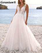 Geranium Plunging V-Neck Lace A-Line Wedding Dress – GER67