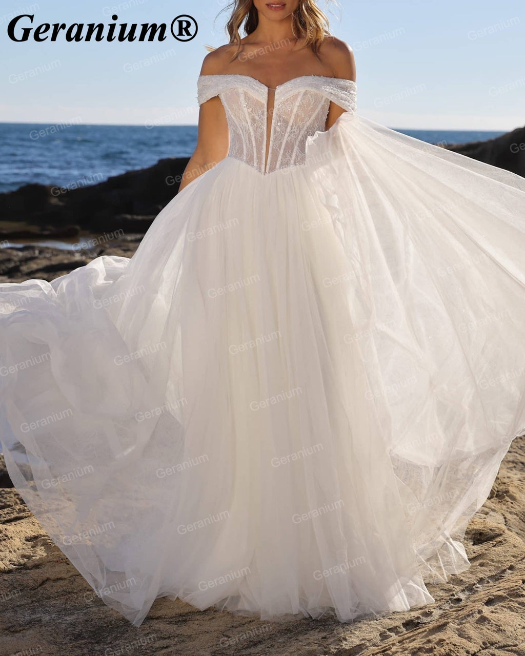 Geranium Off-the-Shoulder Corset Ball Gown Wedding Dress – GER91