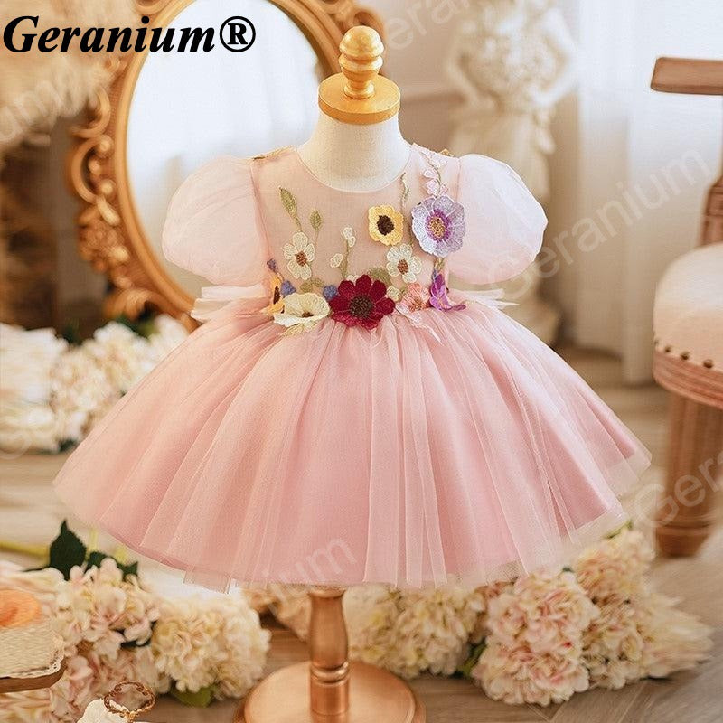 Geranium Whimsical 3D Floral Appliqué Tulle Flower Girl Dress with Oversized Back Bow - Enchanted Garden Party Gown KD-365
