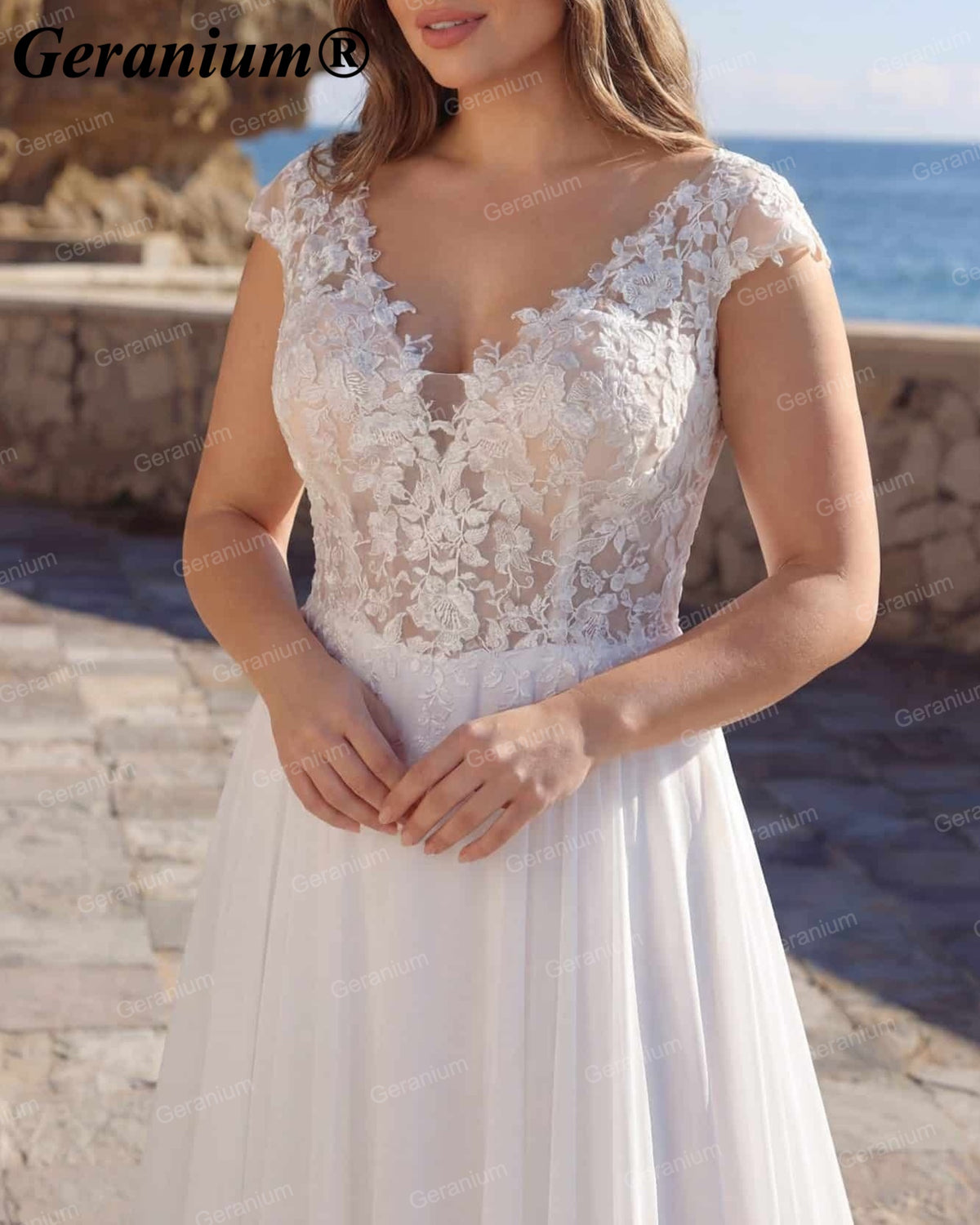 Geranium V-Neck Lace Chiffon A-Line Wedding Dress – GER71